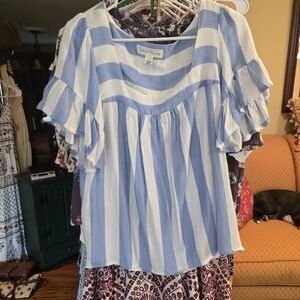 Crown & Ivy Blue and White Striped Ruffle Blouse